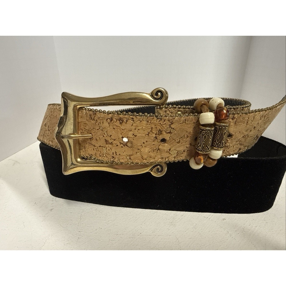 1093 Elite Fresno California Cork Belt Gold Metallic Buckle Beads 34.5" X 1 1/4"